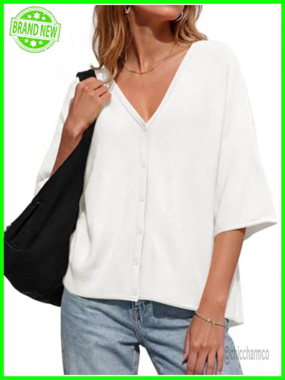 Womens V Neck Half Sleeve Cardigan Summer Lightweight Knit Button Up